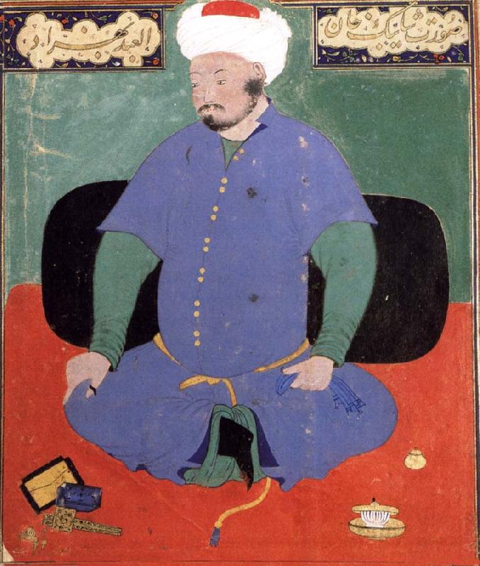 Bihzad Portrait of the Uzbek emir Shaybani Khan,seen here wearing a Sunni turban